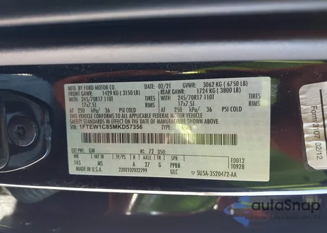 2021 Ford F-150 Xlt из США, поврежденный, VIN 1FTEW1C85MKD57356